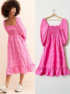 Cras Denmark SIZE 36 Florence pink strawberry print smocked midi dress